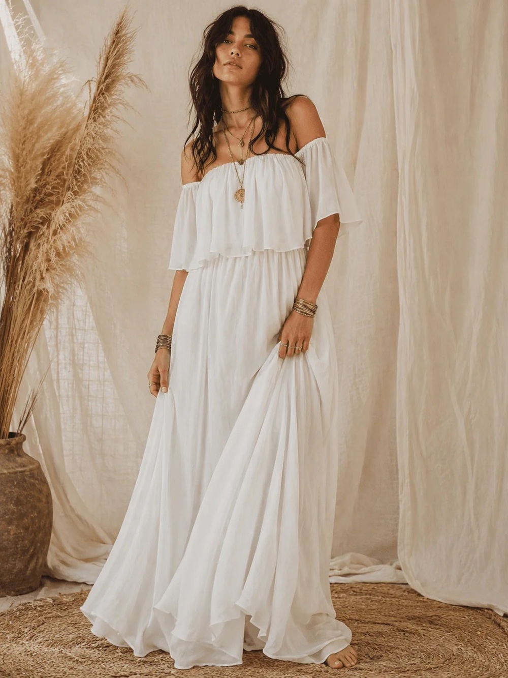 Off-Shoulder White Maxi Dress - Boho Chic
